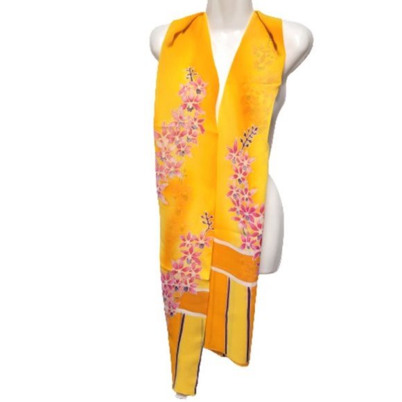 Handmade Handpainted Pure Silk Chiffon Scarf Floral Rectangular Long Scarf - Picture 9 of 9